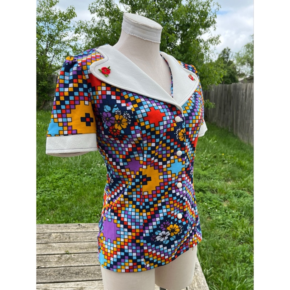 Vintage 60s Mod Colorful Floral Geometric Wide Collar Button Up Shirt - Picture 4 of 13